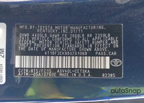 2011 Toyota Camry Se from USA, damaged, VIN 4T1BF3EK8BU701069